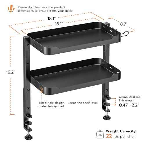 ARES WING 2-Tier Clamp On Desk Shelf, 16 inch Adjustable Above or Under Desk Storage Shelves Holds 44 lbs, Heavy Duty Desktop Organizer with Headphone Holder for Working and Gaming Accessories, Black