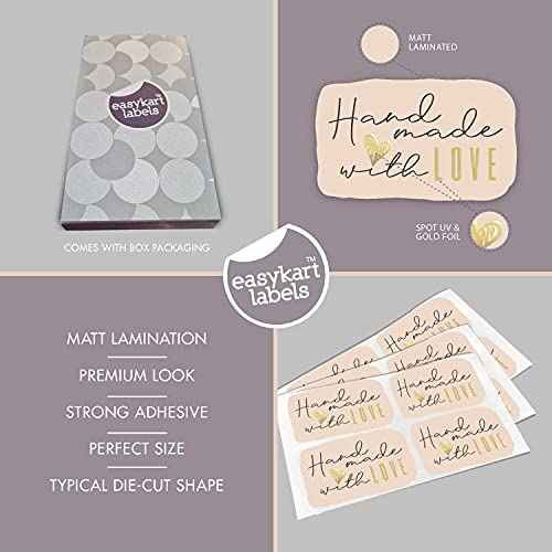 easykart labels 3000 Hand Made with Love Stickers, 1.75" x 2.75" Special Shape Design with Gold Foil and Light Peach Background | Highly Recommended for Small Business Owners