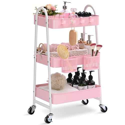 KINGRACK 3 Tier Utility Rolling Carts, Metal Rolling Storage Cart, Craft Art Cart with Handle and Locking Wheels & 2 Hanging Baskets 4 Hooks for Bathroom, Bedroom, Pink