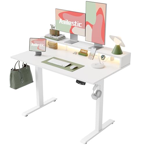 Agilestic 48x24 Inch White Electric Standing Desk with LED Light & Power Strip - Adjustable Height, Modern Home Office & Gaming Desk