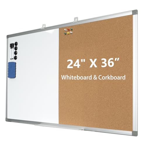 Combination Writeboard 36"x 24" Magnetic Whiteboard & Cork Board Aluminium Frame Dry Erase Board Bulletin Board Wall Mounted Memo Message