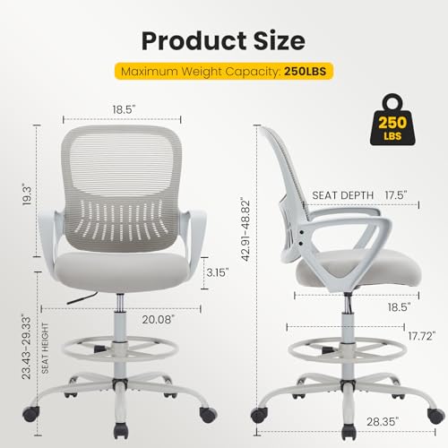 Sweetcrispy Tall Drafting Chair with Footrest, Grey, 45in High Office Desk Chair