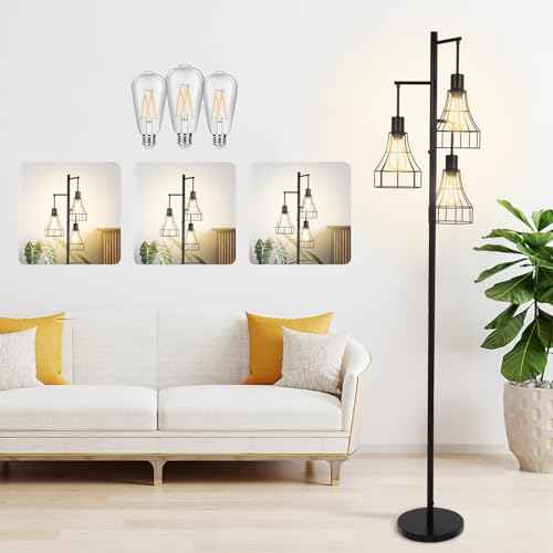 Dimmable Floor Lamp,70¡¯¡¯ Farmhouse Rustic Standing Tree Lamp with 3 LED Edison Bulbs,Industrial Modern Tall Lamp with Elegant Cage for Living Room Corner Bedroom Office Reading
