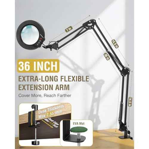 10X Magnifying Glass with Light and Clamp, Ultra Long 3 Section Swing Arm LED Desk Lamp, 5 Color Modes Stepless Dimmable, Hands Free Lighted Magnifier with Stand for Repair Reading Crafting Close Work
