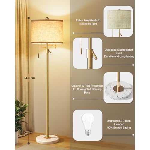 Modern Gold Floor Lamp for Living Room - Adjustable Height Standing Lamp with Marble Base & Linen Shade, 3-Way Dimmable Tall Floor Light for Bedroom, Reading, Bulb Included