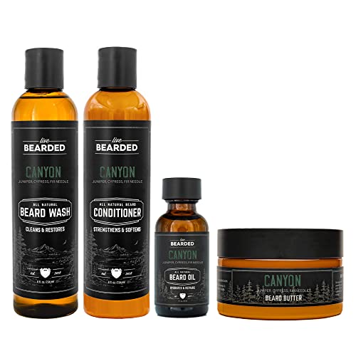 Live Bearded Complete Beard Grooming Kit - Wash, Conditioner, Butter and Oil - Made in the USA with All-Natural Ingredients - Mens Groom Set | Canyon Scent - Juniper, Cypress, Fir Needle