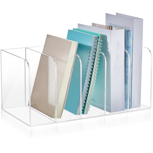 Suzile Clear Acrylic Magazine File Holder with Vertical Compartments Desk Organizer Book Rack for Desk Sorter Paper Folder Office Accessories(Clear,14.2 x 7.2 x 6.5 Inch)
