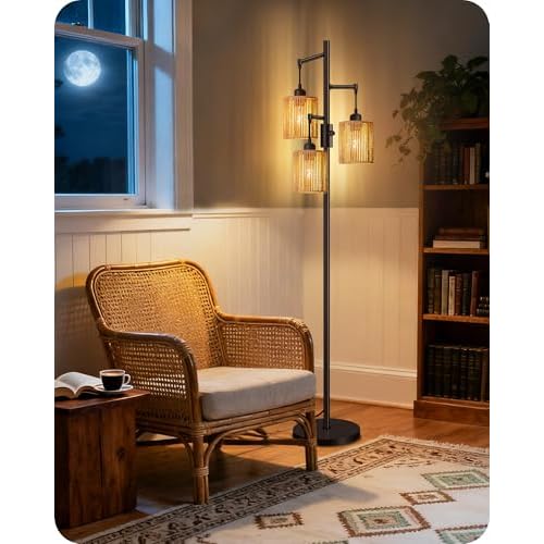 Dimmable Floor Lamp, Farmhouse Tall Standing 70.3" Tree Lamp with 3 Rope Woven Lampshades, Boho Rattan Floor Lights, 4W 3 LED Bulbs Included, for Living Room, Bedroom, Study, Office AB03LD05
