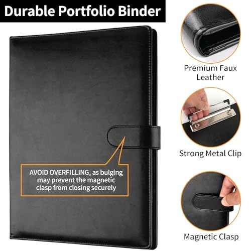 Professional Padfolio with Clipboard, Faux Leather Portfolio Folder Binder, Legal Pad Holder for A4 Letter Size Notepad, Resume, Writing Pad, Ideal Organizer for Business Office Conference, Black