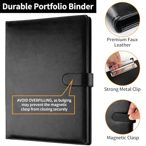 Black Faux Leather Padfolio with Clipboard & Organizer - Professional Portfolio Binder