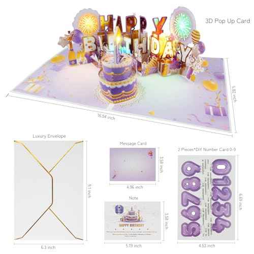 XTF2015 Firework Birthday Cards£¬Music & LED Lights 3D Pop Up Greeting Card with Blowable Birthday Cake, Comes with Digital DIY, Sticky Note and Envelope, for Lover, Family and Friend
