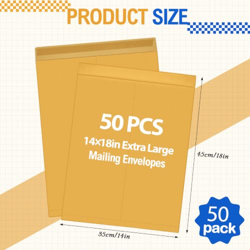 Motipuns 50 Yellow 14 x 18 Inch Large Mailing Envelopes - 32lb Kraft, Gummed Flaps