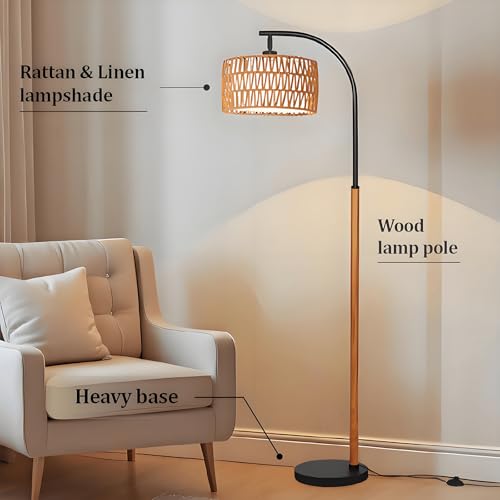 65¡± Brown Black Boho Floor Lamp for Living Room, 1200 Lumens 3-Level Brightness Rattan Arc Floor Lamp for Bedroom, Wood Mid Century Modern Arc Standing Lamp, Boho Tall Lamp, LED Bulb Included