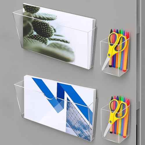 2 Pcs Magnetic File Holder and 2 Pcs Magnetic Dry Erase Marker Organizer Clear Acrylic Rack for Whiteboard Documents Cabinets Magazines Office