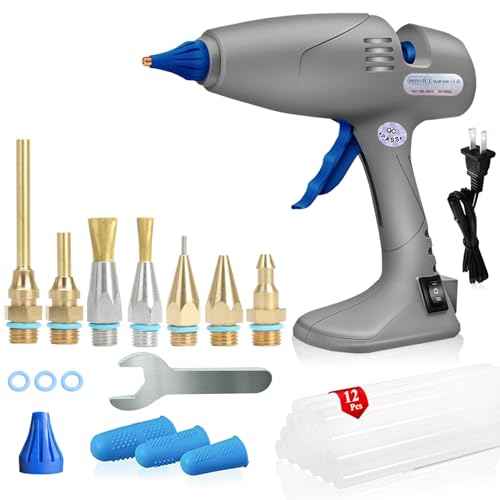 MONVICT Hot Melt Glue Gun with 7 Copper Nozzles, 3 Silicone Finger Covers, 12 Glue Sticks Dual Temperature Switching, Corded Detachable Cord Use Stand-Up Base Anti-drip for Art DIY Craft repair