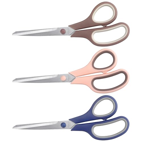 LONGKEY 8.5-Inch Pastel Scissors 3-Pack - Navy Blue, Pink, Brown, Ultra Sharp Stainless Steel