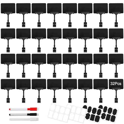 32 Set Clip Holder Chalkboard Sign Plastic Price Tag Display Rotating Holder Erasable Blackboard Double Head Clips for Store Supermarket Shelf Merchandise (Black)