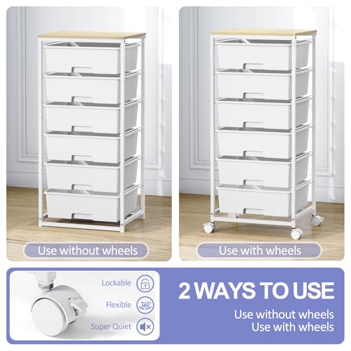 Rolling Storage Cart with Drawers,Utility Cart with 6 Large Drawers and Wooden Tabletop,Craft Storage Cart with Lockable Wheels for Bedroom, Office, Classroom, Kids'Room, Living Room (White)