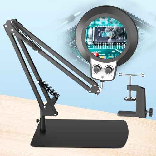 12X Magnifying Glass with Light, 2025 New Upgrade Infinite Color and Stepless Dimming Desk Large Lamp & Clamp, 2-in-1 LED Hands Free Lighted Magnifier Stand for Crafting Hobby Soldering Reading