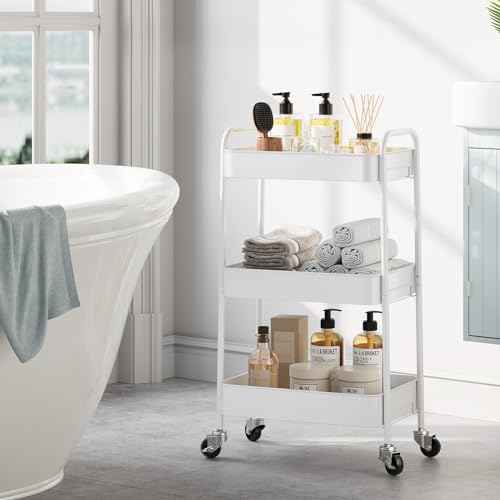 TOOLF 3-Tier Metal Rolling Cart with Wheels, Storage Utility Organizer Cart for Kitchen, Bathroom, Office, Baby Essentials & Makeup - Lockable Casters, Easy Assembly, Large Capacity, White