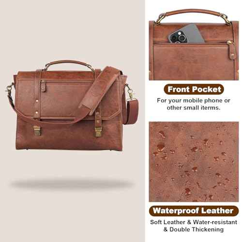 Mens messenger bag 17 inch, Waterproof Faux Leather Laptop Briefcase Large Computer Laptop Bag Leather Satchel Bag Retro Shoulder Bag for Office Business Travel College Brown