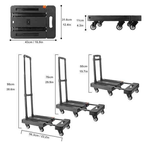 Folding Hand Truck with 6 Wheel, 300 lbs Foldable Dolly Cart with 2 Lashing Straps, Versatile, Foldable & Easily Portable Luggage Cart and Utility Cart for Moving, Shopping