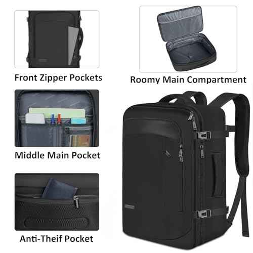 Vancropak Travel Bag, Extra Large 40L Carry on Backpack with 3 Packing Cubes Airline Approved for Men Women, Expandable Luggage Weekender Overnight Business Backpack, Gifts for Travelers, Black