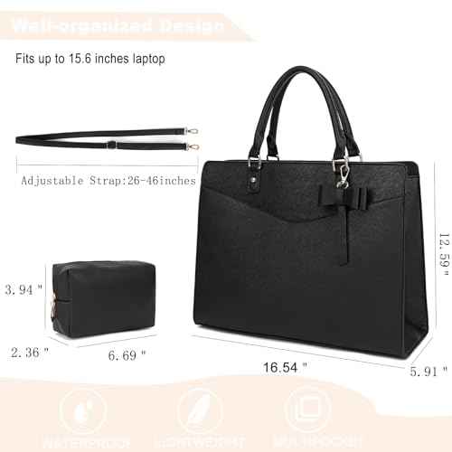 Laptop Bag for Women, 15.6 Inch Computer Tote Bag Leather Work Bag Business Office Briefcase, Computer Tote Bag (Black)