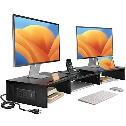 HUANUO Dual Monitor Stand -Monitor Stand with USB ports ,Adjustable Length and Angle, Dual monitor riser w/ Desktop Socket, Monitor Stand Riser for PC, Computer, Laptop (Black)