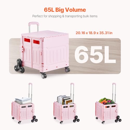 VEVOR Foldable Utility Cart, 65L Collapsible Portable Crate Rolling Cart with Stair Climbing Wheels & 360¡Æ Swivel Wheels, Hand Cart with Telescoping Handle for Shopping Office Moving Teacher, Pink