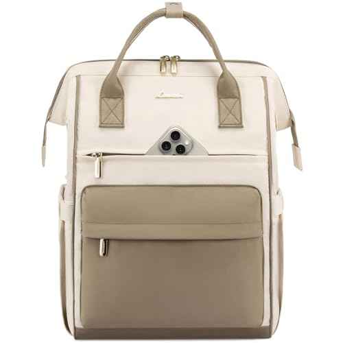 LOVEVOOK Laptop Backpack for Women, 17 Inch Work Teacher Nurse Bag, Large Capacity Business Computer Backpack Purse with USB Port, Stylish Casual Daypack for Travel,Beige&Khaki
