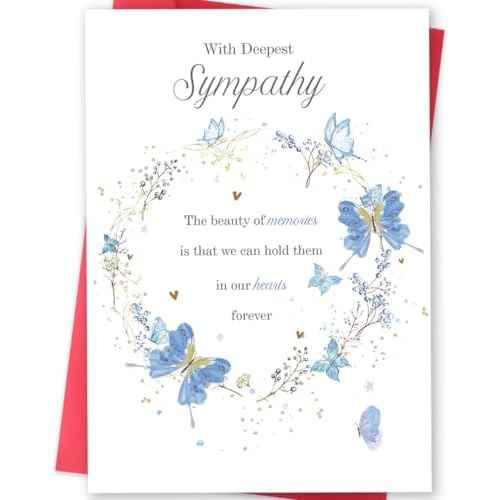 Sympathy Cards with Blue Butterfly Design, Elegant Condolence Greeting Card for Loss, Double-Sided 8 x 5.3 Inch with Envelope