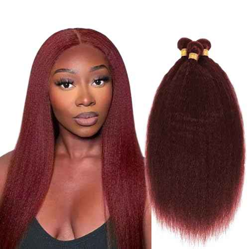 #99J Burgundy Bundles Human Hair Yaki Straight Bundles 20 22 24 Inch Wine Red Kinky Straight Bundle Unprocessed Brazilian Virgin Weave Hair 3 Bundle 50 Gram Per Bundle