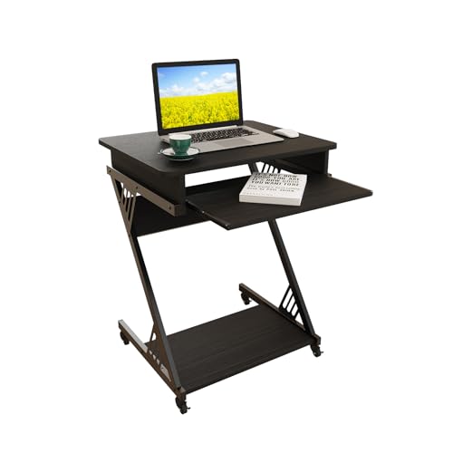ALISENED Computer Desk for Small Spaces,23.6" Z-Shaped Compact Study Table with Smooth Keyboard Tray,with Wheels and Bottom Shelves for Home Office£¬Computer Cart Mobile Laptop Cart