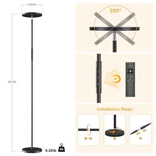 Super Bright Floor Lamp for Living Room, Stepless Dimmable LED Standing Lamp with Remote and Touch Control, 69¡± Tall Torchiere Corner Lamp for Bedroom Office Hotel, Black