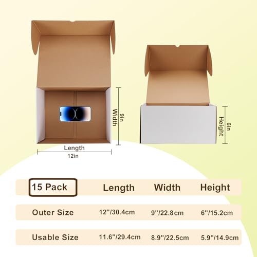 WIFTREY 12x9x6 White Shipping Boxes Pack of 15 - Corrugated Cardboard Packaging for Small Business, Moving, Mailing