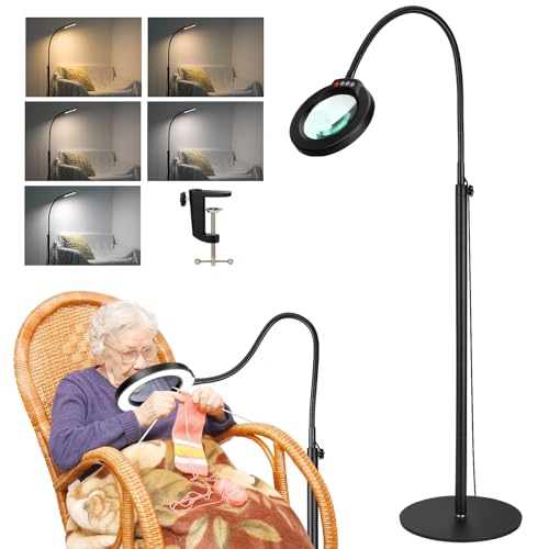 10X Magnifying Glass with Light and Stand, 24" Flexible Gooseneck Magnifying Floor Lamp, 3-in-1 LED 5 Color Modes Stepless Dimmable Lighted Magnifier Hands Free for Close Work, Hobby, Reading