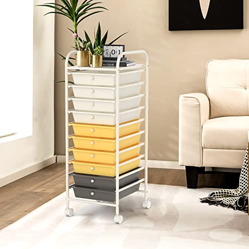 MEDIMALL 10 Drawers Rolling Storage Cart, Multipurpose Craft Storage Cart with Wheels, Mobile Tools Scrapbook Paper Organizer Cart for Office School Home Use (Yellow)
