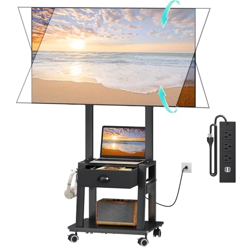 Aokitsink Rolling TV Stand with Power Outlet 23-60in, 2 Shelves, Fabric Drawer, Height Adjustable