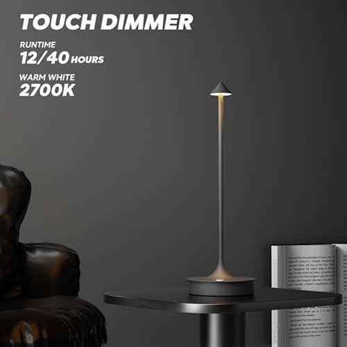 Small Cordless Table Lamp Rechargeable, Battery Operated Desk Lamp, 4000mAh LED Touch Lamp, Dimmable Portable Outdoor Waterproof Wireless Table Light for Restaurants/Bars/Outdoor(1PC,Gray)