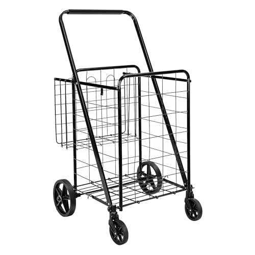 Large Foldable Utility Shopping Cart with 360° Swivel Wheels - Heavy Duty Metal, Extra Large Black