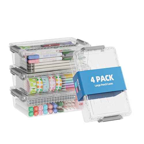 4 Pack Extra Large Pencil Box, Plastic Pencil Case Organizer, Clear Crayon Box Marker Organizer, Stackable Craft Organizers and Storage for Pen, Craft, Art Supply(Grey)