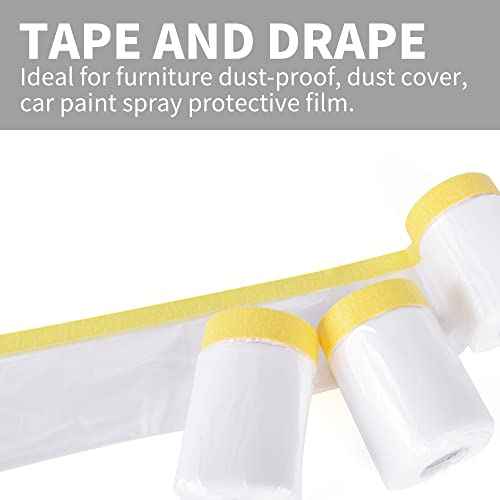 TAPEBEAR Pre-Taped Masking Film, Tape and Drape, Plastic Sheeting Roll, Automotive Painters Masking Tape Film, Plastic Sheeting Cover for Appliance and Furniture, 9feet X 90feet, 2600mmx 27m,3Rolls