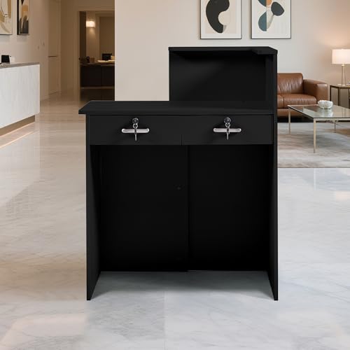 Zethvax Reception Desk with 2 Lockable Drawers, Black—Compact 31in L x 17.7in W x 29.9in H with Cable Management