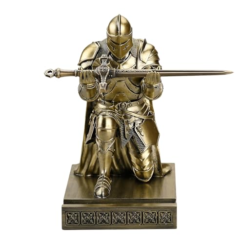 Medieval Armored Warrior Wearing Outerwear, Mobile Phone Stand Knight Pen Holder Desk Organizers, Resin Bookends Paperweight with a Letter Opener for Desk (Bronze)
