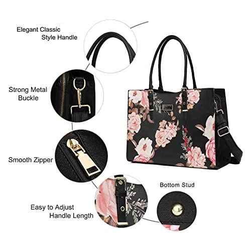 MOSISO Laptop Tote Bag Compatible with MacBook Air 15 inch M3 M2/Pro 16 M4 M3 M2 M1 & 15-15.6 inch Notebook, Peony Waterproof PU Leather Travel Work Briefcase with Adjustable PU Handle, Black