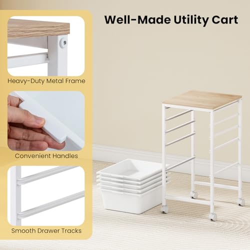 COSTWAY Rolling Storage Cart with 5 White Drawers, Wooden Top