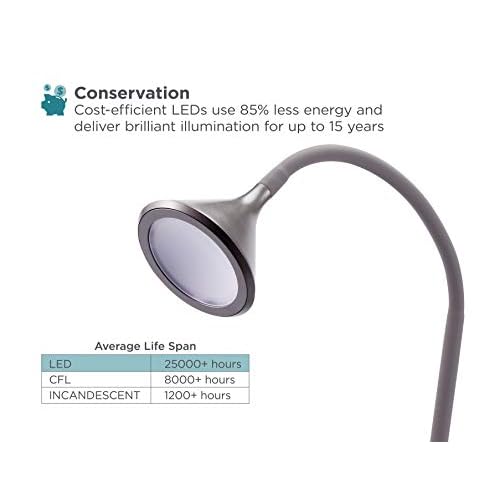 BLACK+DECKER PureOptics LED Minimalist Floor Lamp, 58" Height with Weighted Base, Adjustable Gooseneck, Flicker Free, Eco-Friendly, Foot Switch Gray