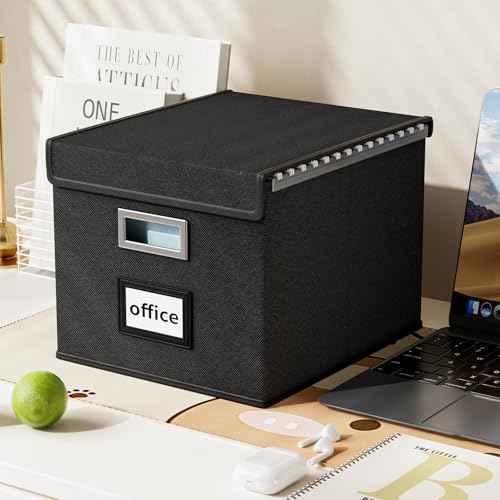 Huolewa File Organizer Boxes with Lids, Collapsible Linen Hanging Filing & Storage Boxes with Plastic Slide for Office/Decor/Home, Filling System for File/Folders/Document Storage -2 Pack