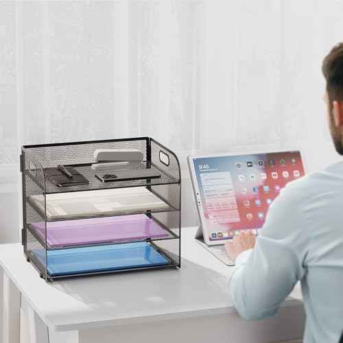 Marbrasse 4 Tier Paper Organizer Letter Tray - Mesh Desk File Organizer with Handle, Paper Sorter Organizer for Letter/A4 Office File Folder Holder (Black, 12.6" x 9.1" x 10.7")